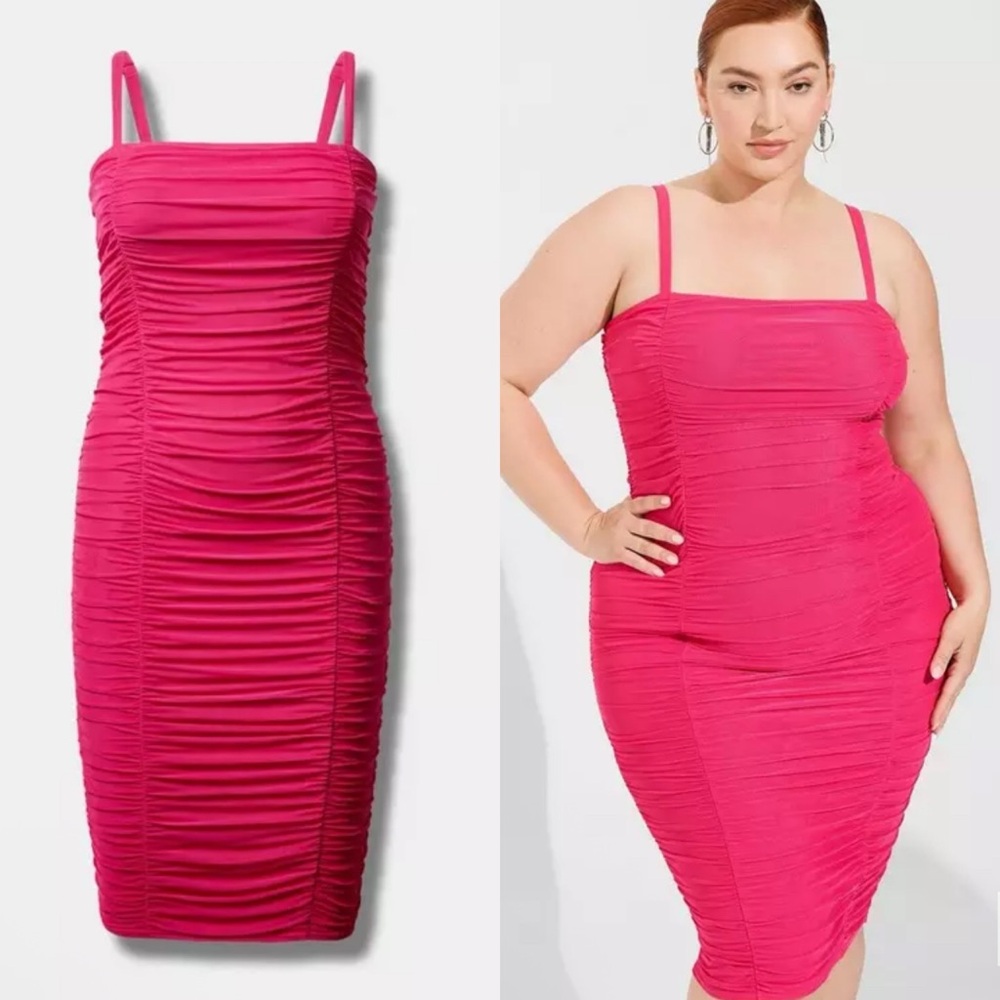 Torrid Midi Mesh Shirred Bodycon Dress Hot pink